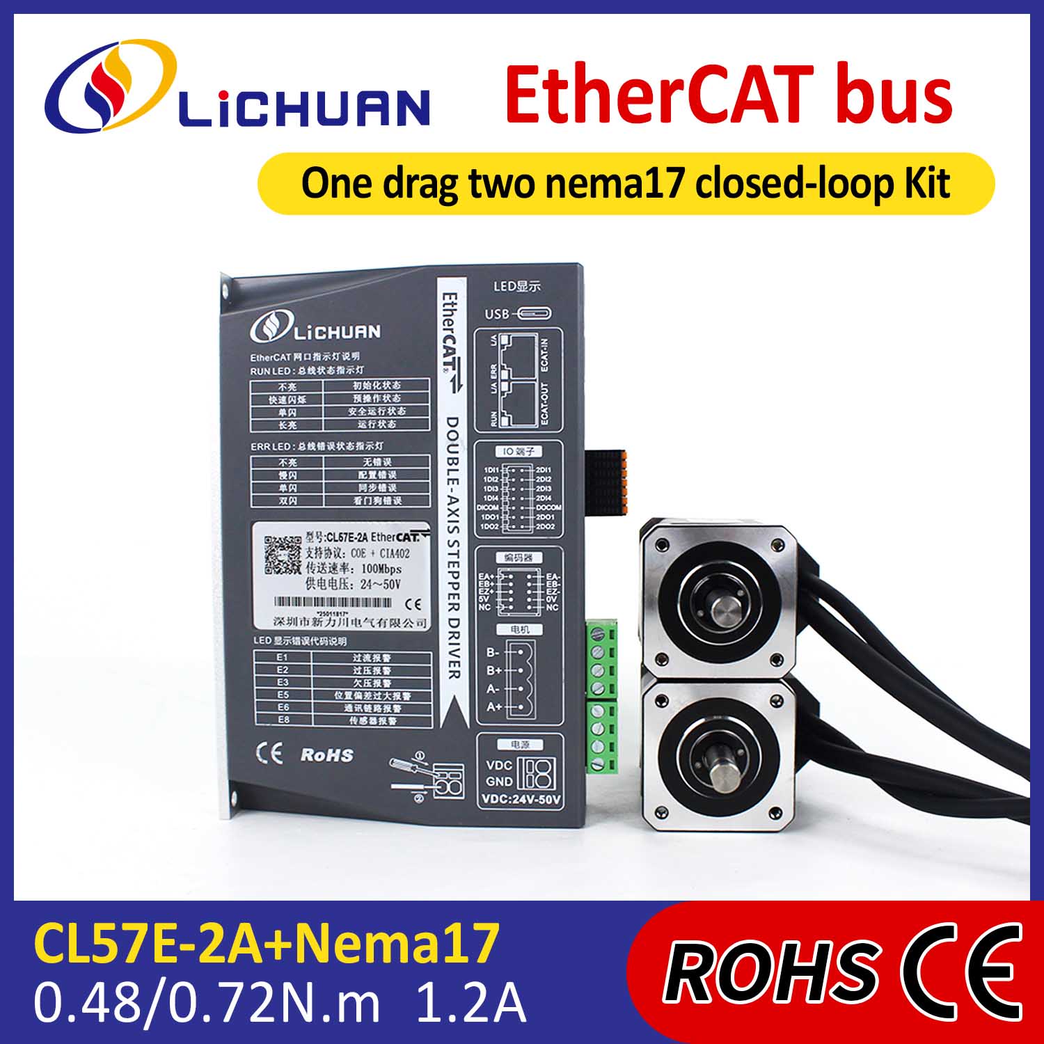 EtherCAT 2Phase Nema17 2-Axis DC క్లోజ్డ్ లూప్ స్టెప్పర్ మోటార్ డ్రైవర్స్ కిట్
